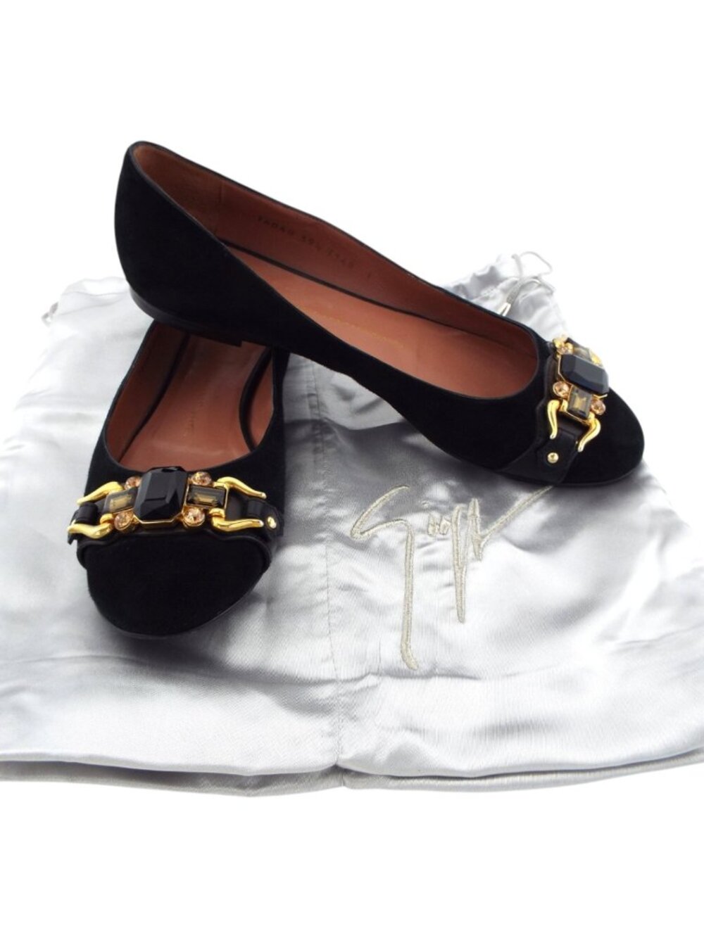 GIUSEPPE ZANOTTI Black Suede Leather Jeweled Buckle Ballet Flats 39.5